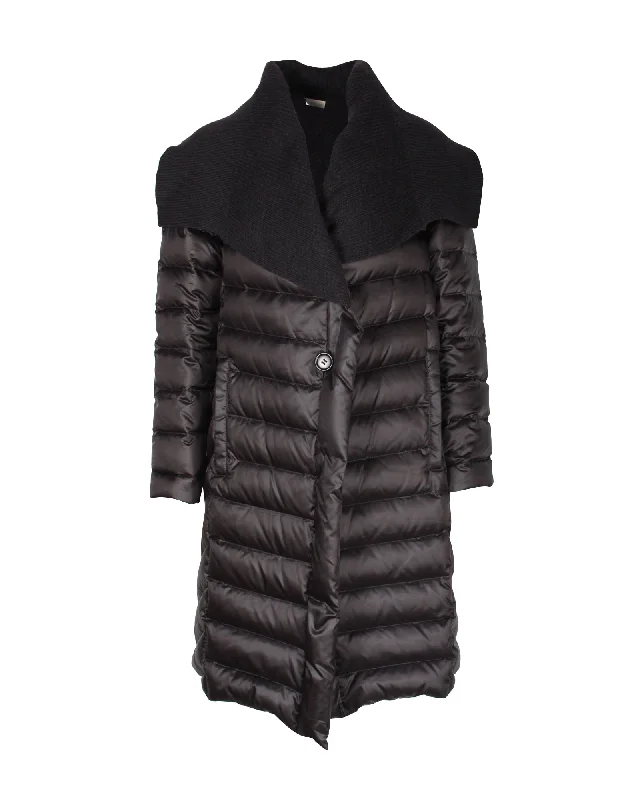 elegant long coat for women -Issey Miyake Knit Collar Down Coat in Black Nylon