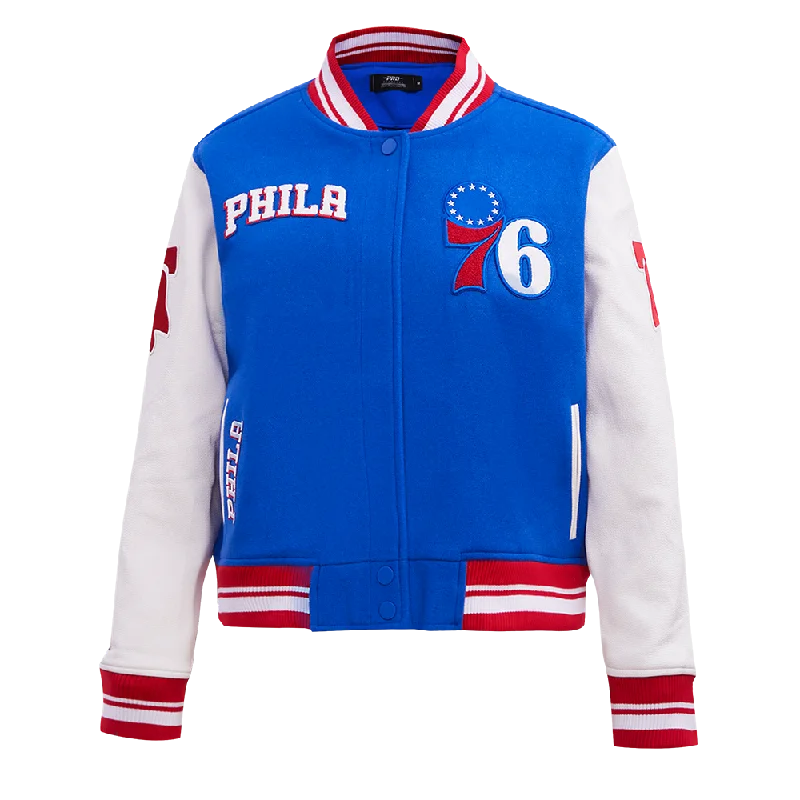 classic trench raincoat for women -NBA PHILADELPHIA 76ERS RETRO CLASSIC WOMEN'S RIB WOOL VARSITY JACKET (ROYAL BLUE/RED)