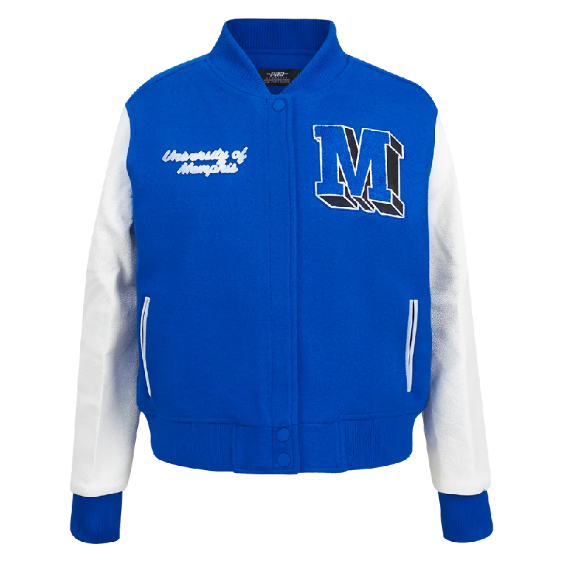 casual coats for women -UNIVERSITY OF MEMPHIS CLASSIC WOMEN'S WOOL VARSITY JACKET (ROYAL BLUE/WHITE)