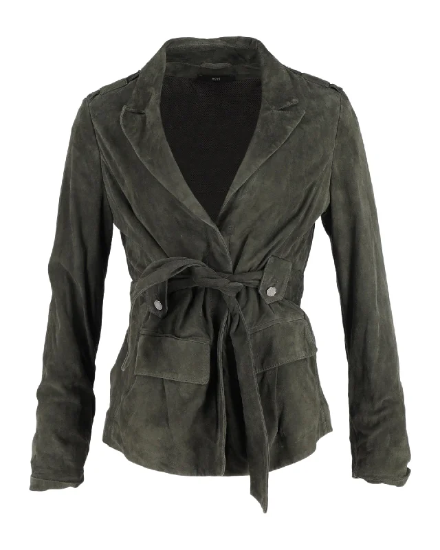 women's thermal long coat -Hugo Boss Belted Jacket in Green Suede