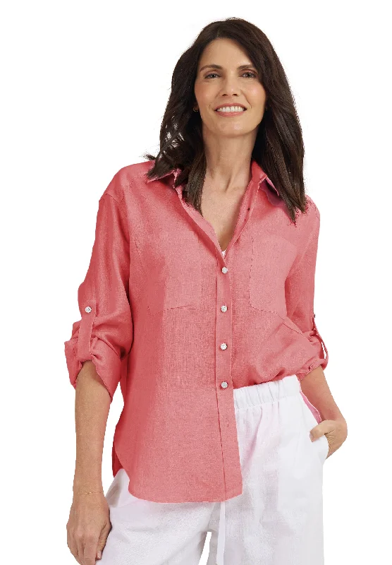 women's lightweight short sleeve hoodie -Luna Pink Oversized Linen Shirt with Pockets