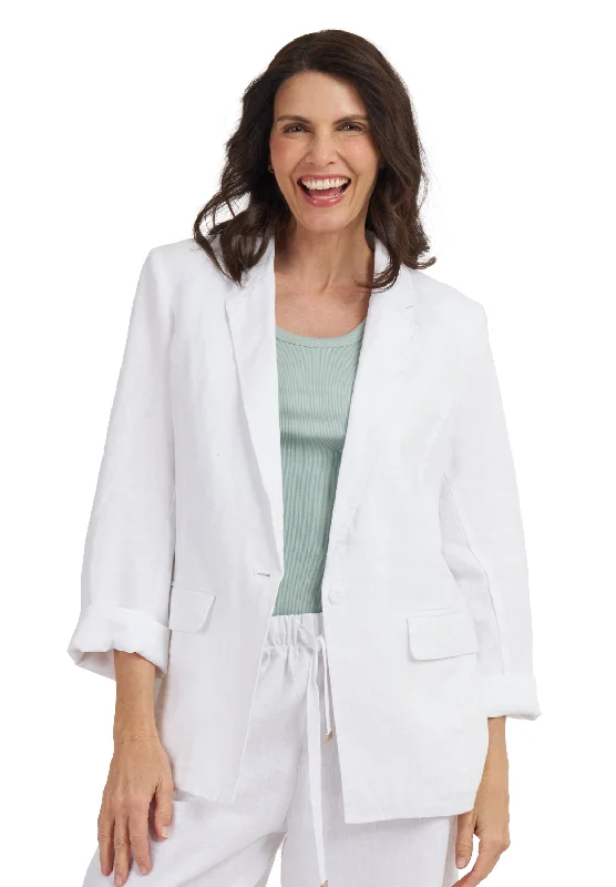 fashion-forward short sleeve tops for young women -Jackie White Oversized Linen Blazer