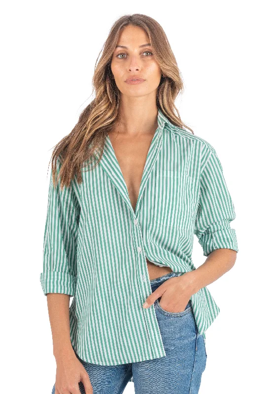 ladies' round neck short sleeve top -Poppy-Cotton Green Stripes Oversized Cotton Shirt