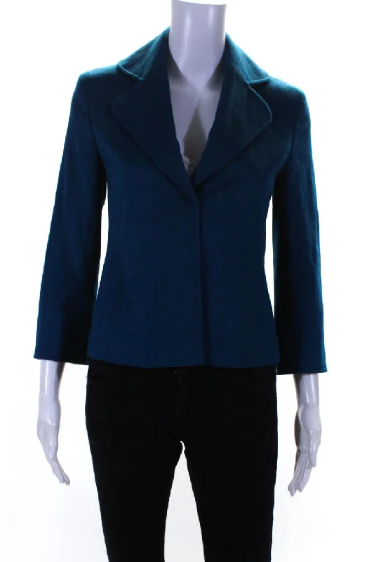 ladies' sporty windbreaker -Akris Punto Women's Snap Front Wool Blend Short Jacket Blue