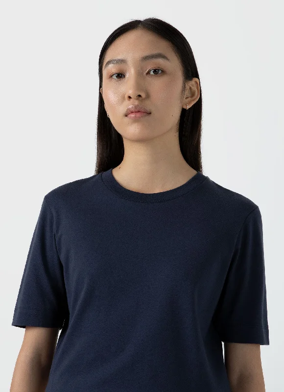 cotton linen short sleeve shirts for women -Women's Mid Sleeve T-shirt in Navy