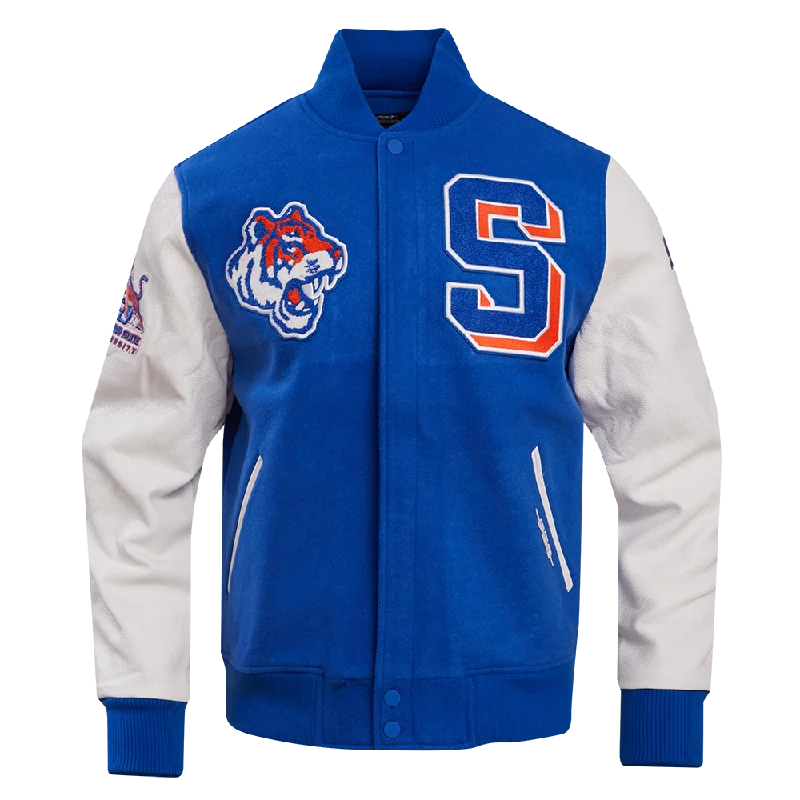 ladies' puffer jacket -SAVANNAH STATE UNIVERSITY CLASSIC WOOL VARSITY JACKET (ROYAL BLUE/WHITE)