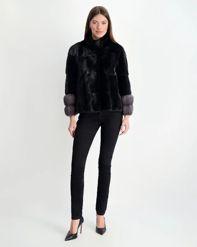 sleek minimalist coat for women -Mink Jacket with Stone Marten Trim