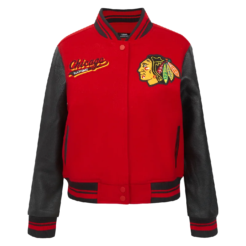 elegant long coat for women -NHL CHICAGO BLACKHAWKS SCRIPT TAIL WOMEN'S WOOL VARSITY JACKET (RED/BLACK)