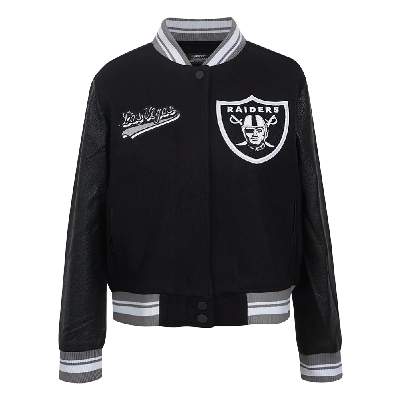 professional work blazer for women -NFL LAS VEGAS RAIDERS SCRIPT TAIL WOMEN'S WOOL VARSITY JACKET (BLACK/GRAY)