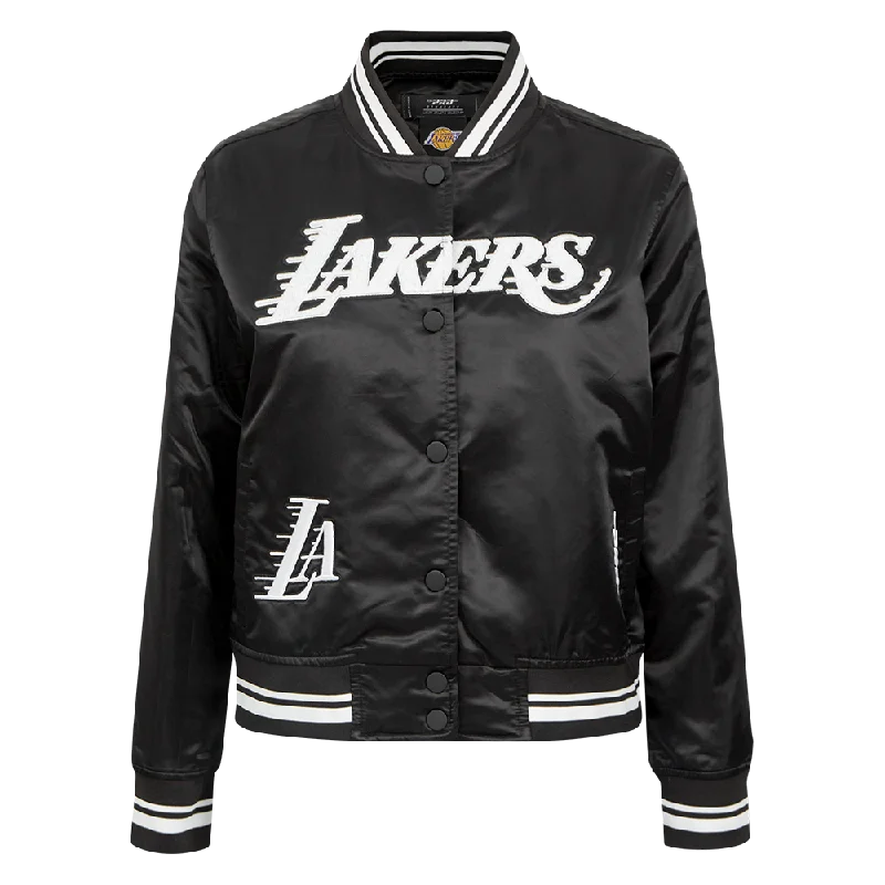 trendy plaid coat for women -NBA LOS ANGELES LAKERS PEARLS WOMEN'S RIB SATIN JACKET (BLACK)