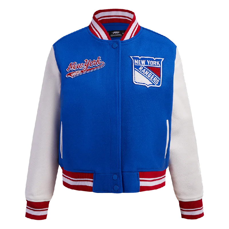 women's reversible coat -NHL NEW YORK RANGERS SCRIPT TAIL WOMEN'S WOOL VARSITY JACKET (ROYAL BLUE/RED)