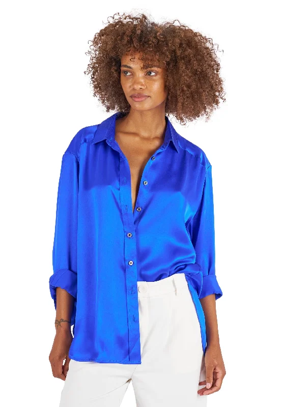 cute short sleeve tops for women -Soie Cobalt Blue Oversized 100% Silk Shirt