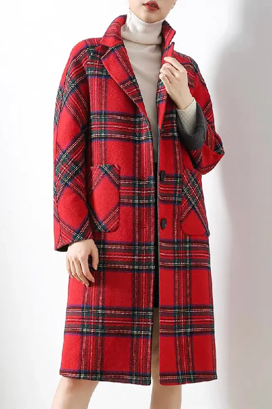 ladies' long hooded winter coat -Red Plaid Wool Coat