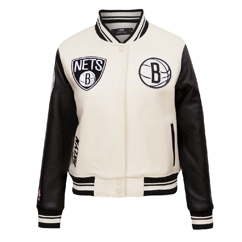 women's oversized corduroy jacket -NBA BROOKLYN NETS RETRO CLASSIC WOMEN'S RIB WOOL VARSITY JACKET (EGGSHELL/ BLACK)