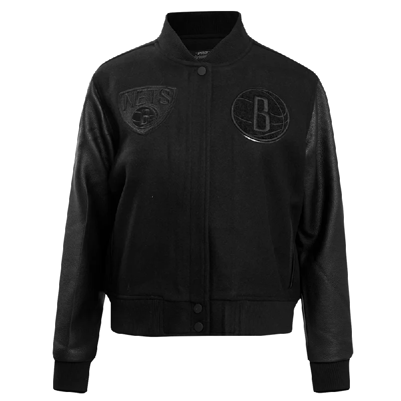 women's mid-length wool coat -NBA BROOKLYN NETS TRIPLE BLACK WOOL WOMEN'S VARSITY JACKET (TRIPLE BLACK)