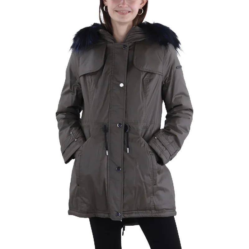 women's long trench coat -Laundry by Shelli Segal Womens Faux Fur Trim Hooded Anorak Jacket