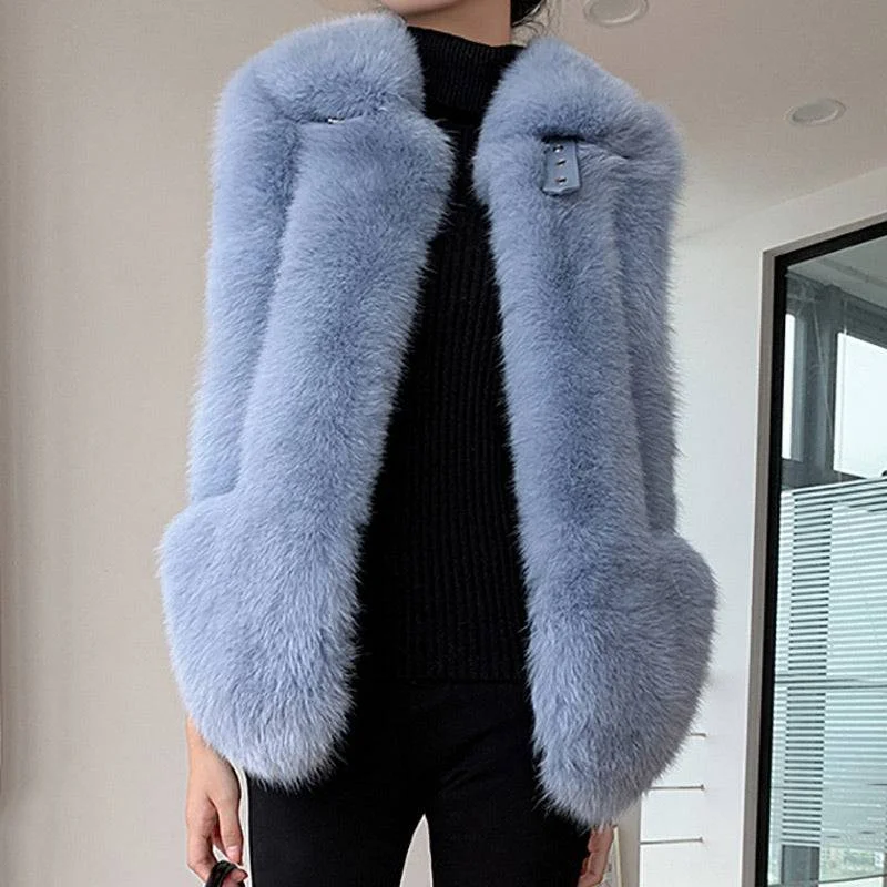 classic women's wool coat -Soft Thick Plush Fox Fur Gilet With Hidden Pockets and Collar