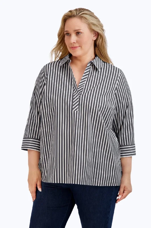 women's pastel short sleeve tees -Sophia Plus Stretch No Iron Stripe Popover Shirt, Black/White Stripe