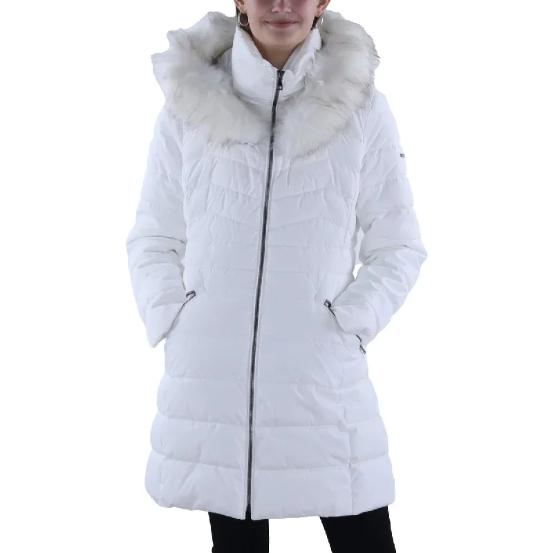 women's asymmetrical zip jacket -Laundry by Shelli Segal Womens Faux Fur Trim Hooded Puffer Jacket