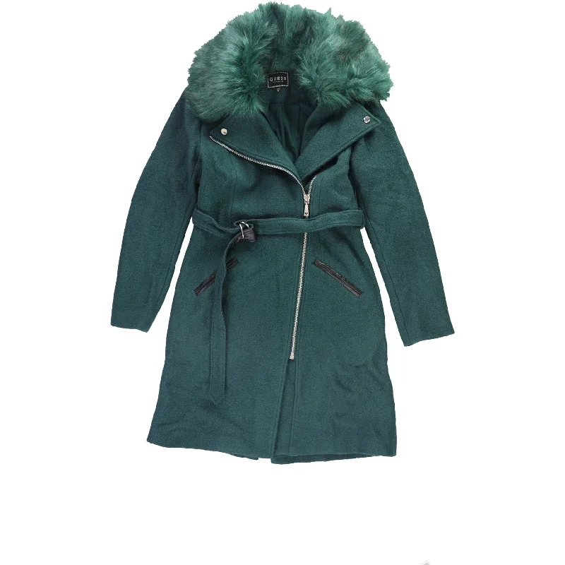 casual zip-up hoodie jacket for women -GUESS Womens Yaya Belted Faux-Fur-Trim Jacket, Green, Medium