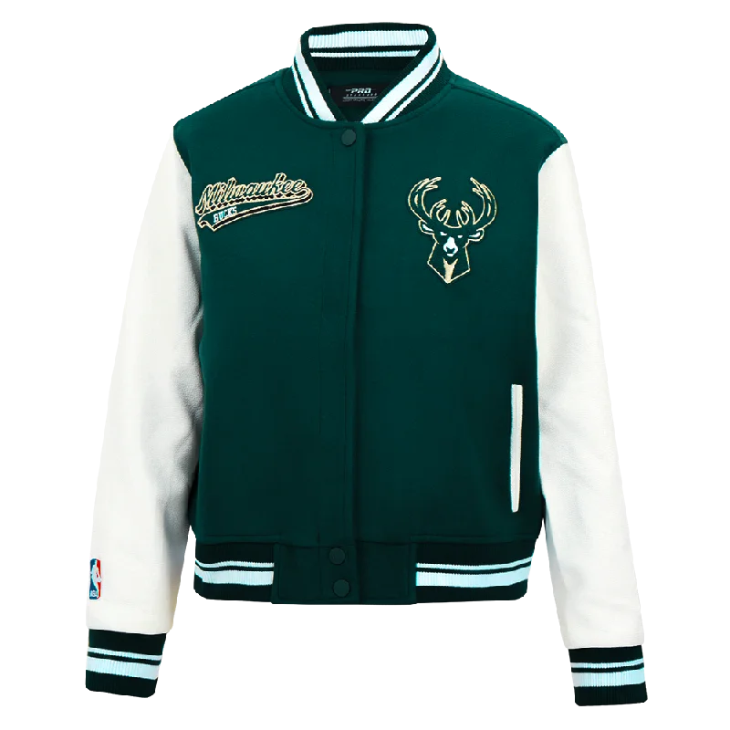 ladies' wool overcoat -NBA MILWAUKEE BUCKS SCRIPT TAIL WOMEN'S WOOL VARSITY JACKET (FOREST GREEN/WHITE)