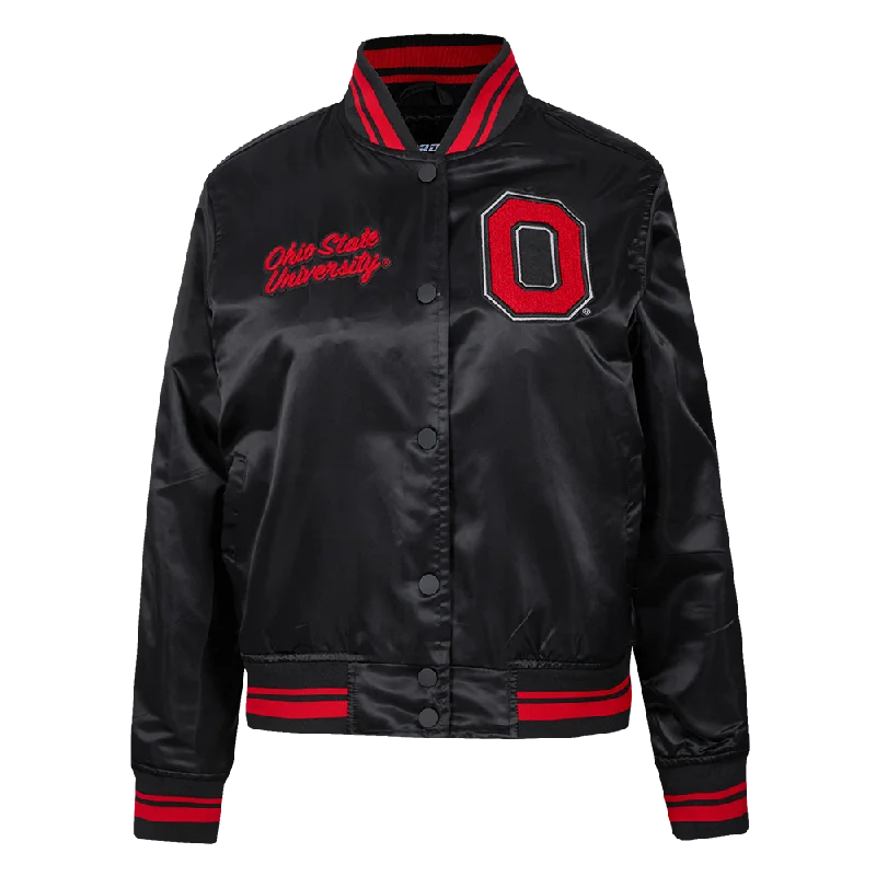 sustainable eco-friendly coat for women -OHIO STATE UNIVERSITY CLASSIC WOMEN'S RIB SATIN JACKET (BLACK/RED/BLACK)