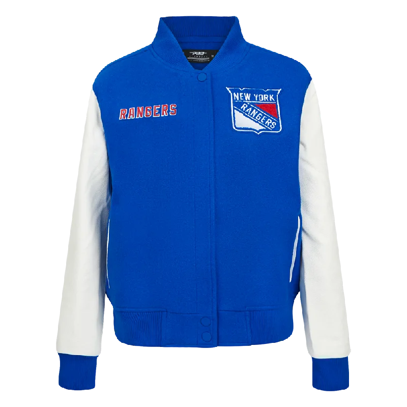 women's biker-style leather jacket -NHL NEW YORK RANGERS CLASSIC WOMEN'S VARSITY JACKET (ROYAL BLUE/WHITE)