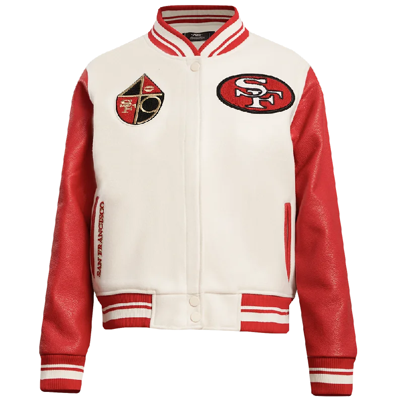 women's hooded winter jacket -NFL SAN FRANCISCO 49ERS RETRO CLASSIC WOMEN'S RIB WOOL VARSITY JACKET (EGGSHELL/ RED)