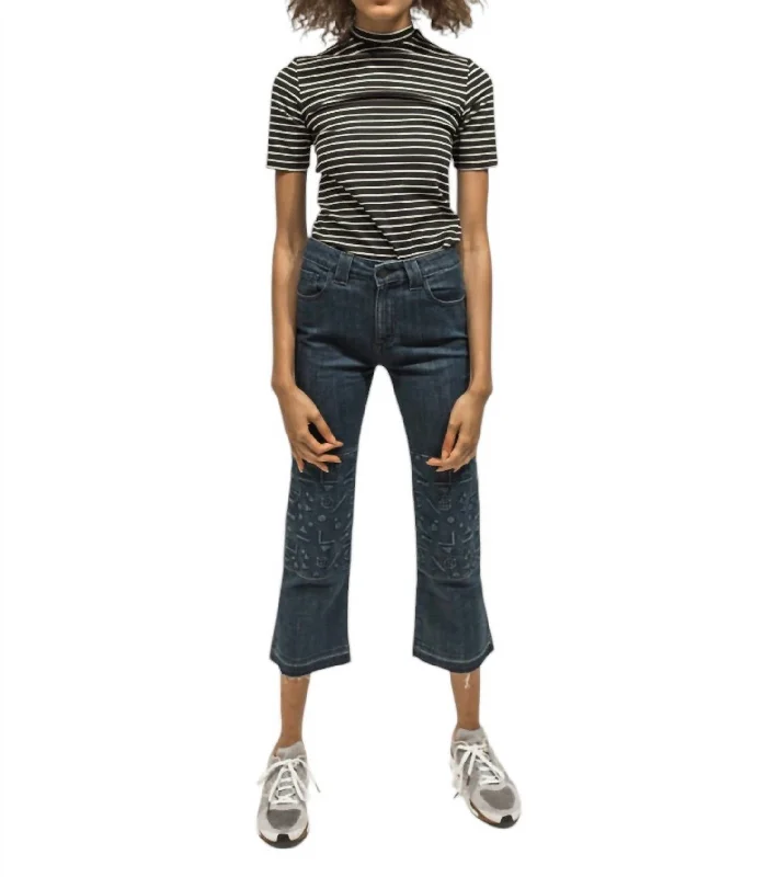 ladies' tapered leg denim pants -Cropped Flare Floating Shapes Jean In True Blue