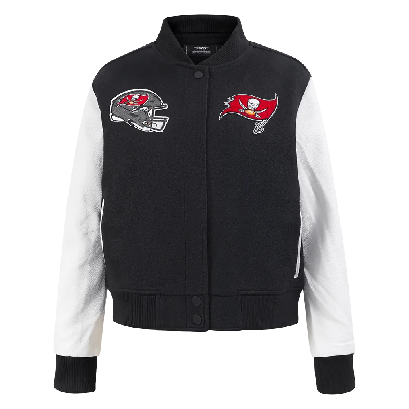 women's mid-length wool coat -NFL TAMPA BAY BUCCANEERS CLASSIC WOMEN'S WOOL VARSITY JACKET (BLACK/WHITE)