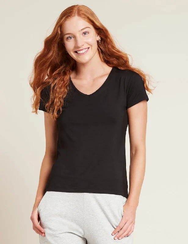 elegant pearl detail short sleeve blouse -Women's V-Neck T-Shirt - Black