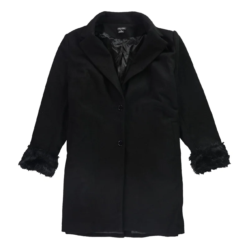 ladies' fur-lined jacket -City Chic Womens Faux Fuf Cuff Coat, Black, 2X