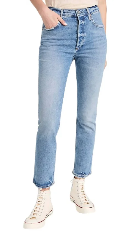 soft stretch denim leggings for women -Riley Long High Rise Straight Jeans In Cove