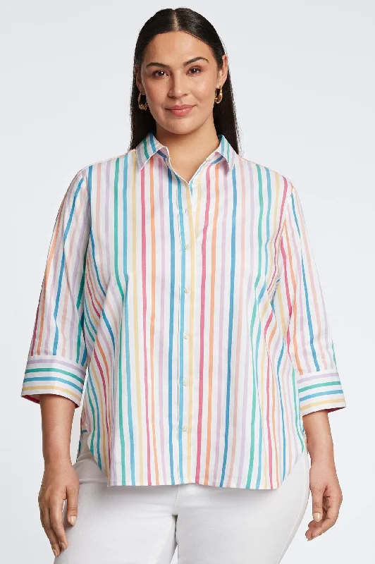 casual work short sleeve tops for women -Meghan Plus No Iron Rainbow Stripe Shirt