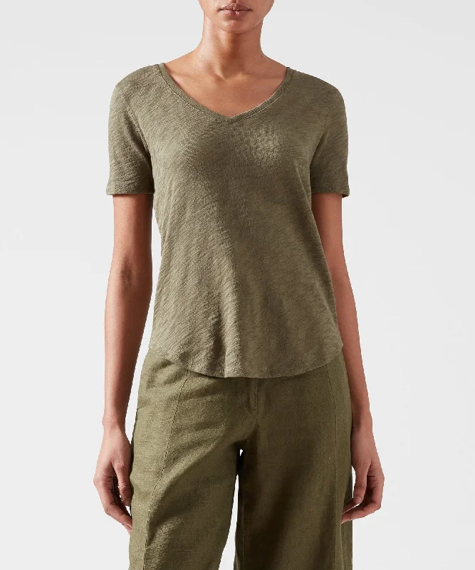 stylish asymmetrical short sleeve tops for women -Slub Jersey Classic V-Neck Tee - Army