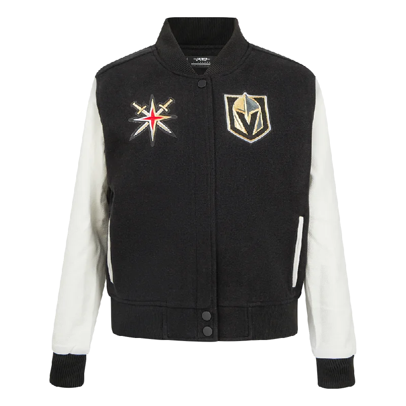 women's faux fur coat -NHL VEGAS GOLDEN KNIGHTS CLASSIC WOMEN'S WOOL VARSITY JACKET (BLACK/WHITE)