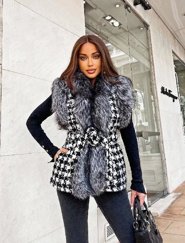 ladies' insulated ski jacket -Houndstooth Fox Fur Trim Belted Wool Vest