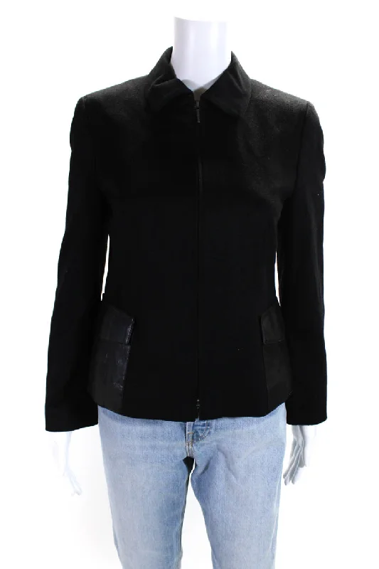 casual coats for women -Akris Punto Womens Wool Patchwork Zipped Long Sleeve Jacket Black