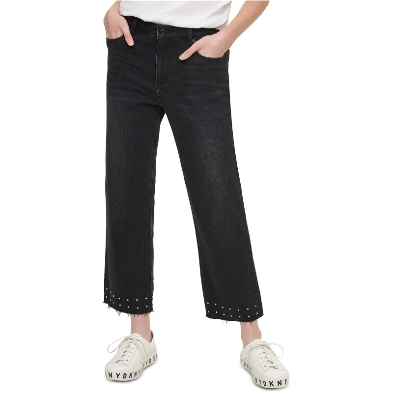 trendy two-tone jeans for ladies -DKNY Womens Studded Raw-Hem Cropped Slim Straight Leg Jeans, Black, 32