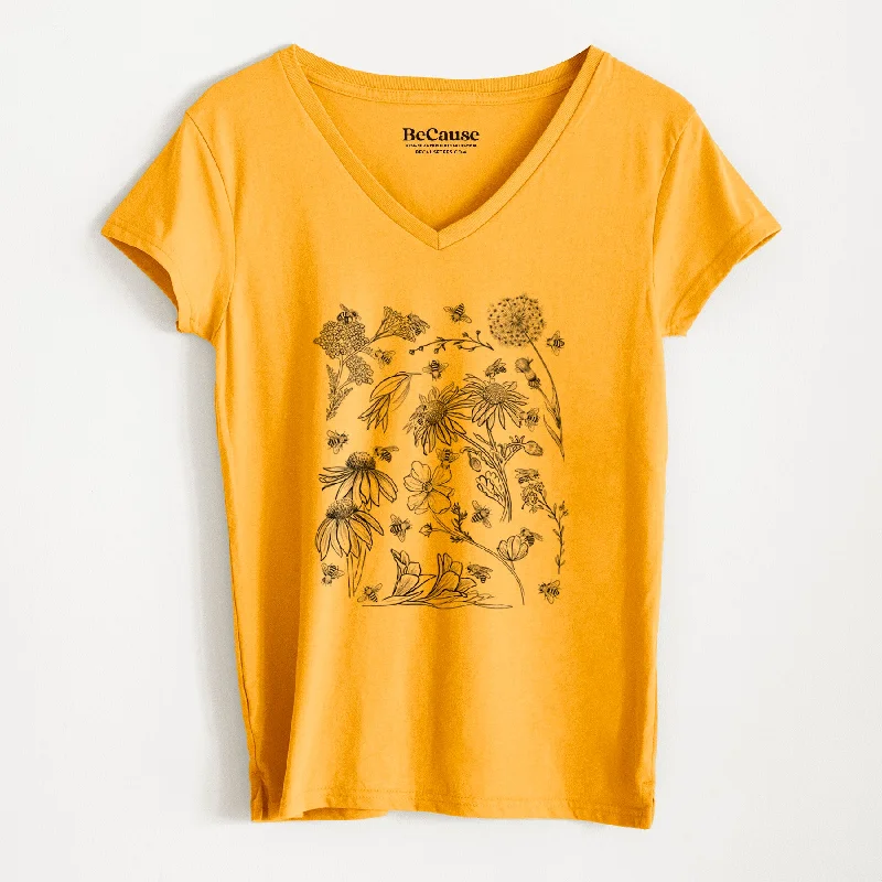 floral embroidered short sleeve blouses for women -Bees & Blooms - Honeybees with Wildflowers - Women's 100% Recycled V-neck