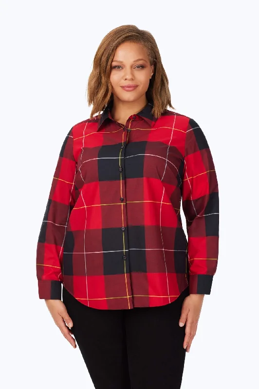 trendy crop short sleeve tops for women -Rhea Plus No Iron Exploded Plaid Shirt