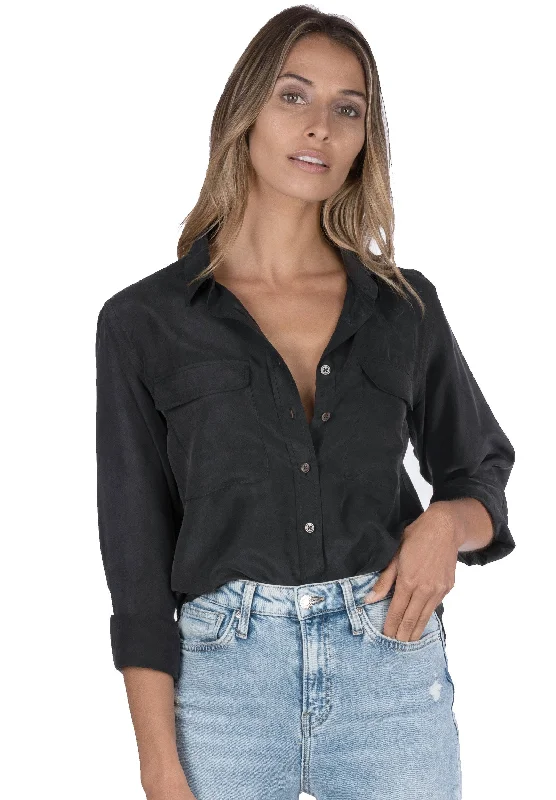 women's office wear short sleeve top -Lete-Silk Black Classic Sand Washed Silk Shirt