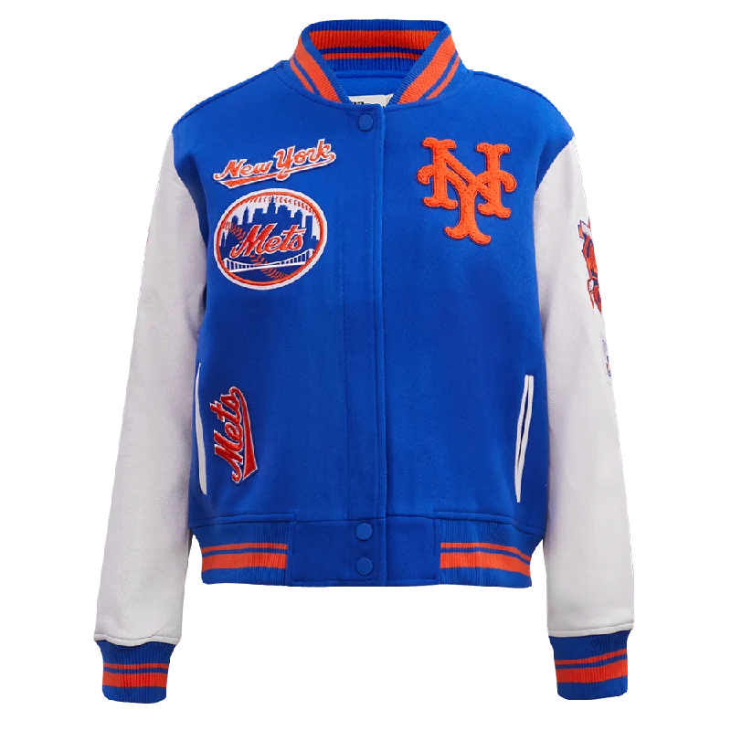 women's relaxed fit blazer -MLB NEW YORK METS RETRO CLASSIC WOMEN'S RIB WOOL VARSITY JACKET (ROYAL/ORANGE/ROYAL)