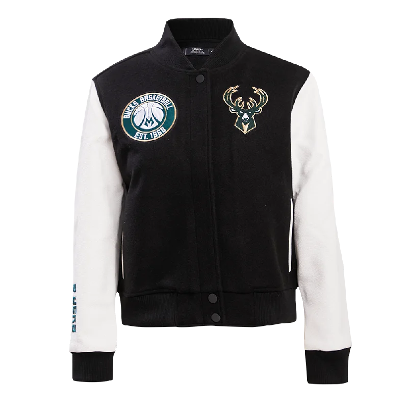 women's thermal long coat -NBA MILWAUKEE BUCKS CLASSIC WOOL WOMEN'S VARSITY JACKET (BLACK/WHITE)