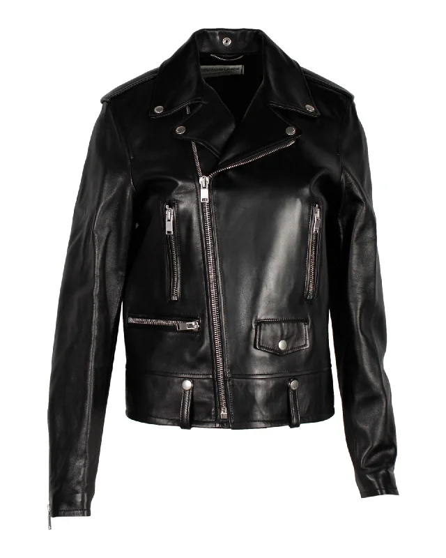 urban style cropped puffer jacket -Saint Laurent Biker Jacket in Black Leather