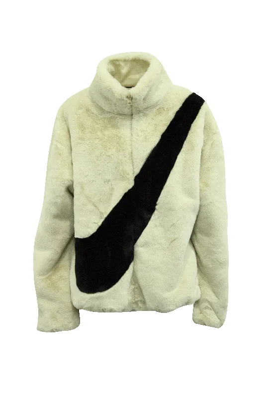 sustainable eco-friendly coat for women -Nike Big Swoosh Jacket in Cream Faux Fur