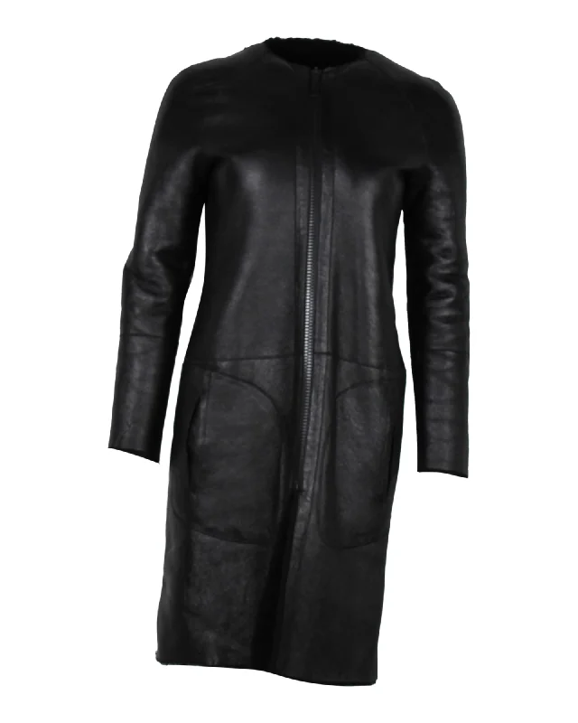 sporty track jacket for women -Celine Collarless Coat in Black Lambskin Leather