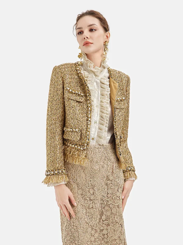 breathable softshell jacket for women -Regal Beaded Gold Tweed Fringe Jacket