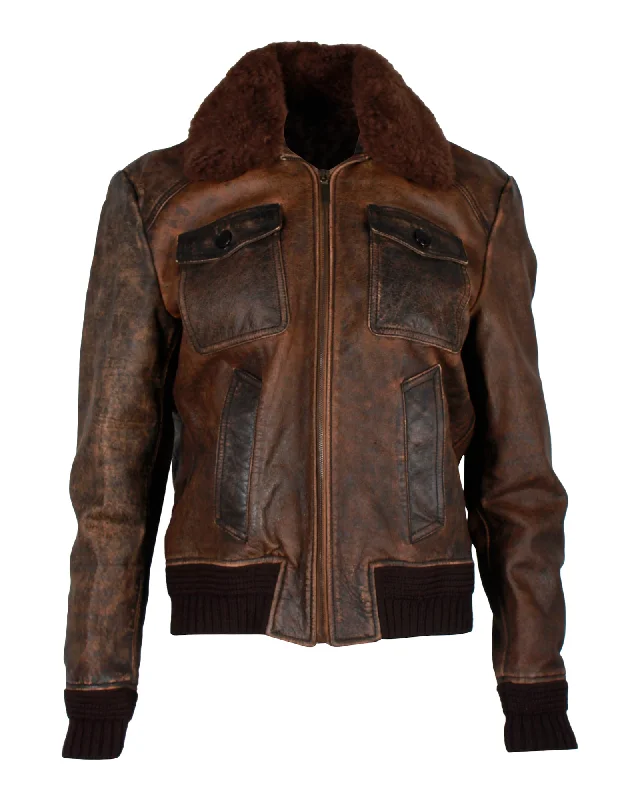 elegant wool cape for women -Saint Laurent Aviator Jacket Distressed with Shearling in Brown Leather