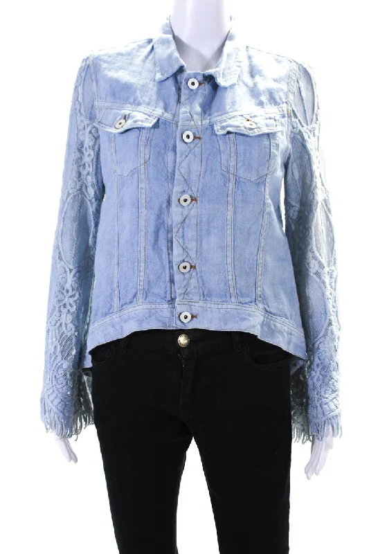 women's asymmetrical zip jacket -Sunday Tropez Womens Elvis Mesh Embroidered Sleeve Linen Jacket Light Blue Small